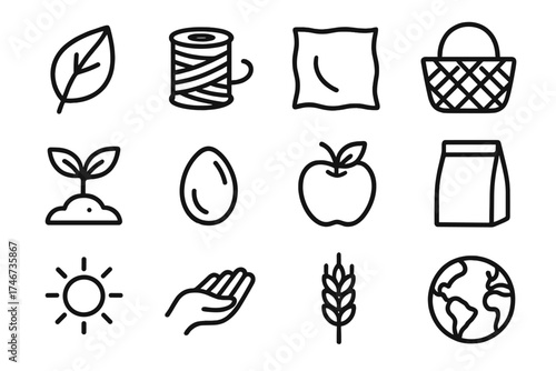 Eco Icons Collection. Eco wrap outline set. leaf, twine, cloth, basket, sprout, seed, apple, paper bag, sun, hand, wheat, earth globe.
