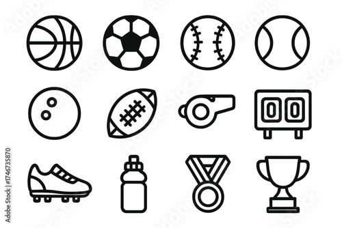 Sports Icons Collection. Sports ball drop outline set. basketball, soccer ball, baseball, tennis ball, bowling ball, football, whistle, scoreboard, shoe, water bottle, medal