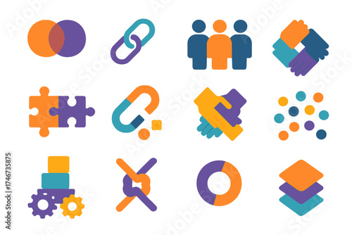 Cohesion Symbols Mosaic. Cohesion Basics flat icon set. interlocking circles, chain links, group of people icon, puzzle pieces joined, magnet pulling shapes, united hands, stacked