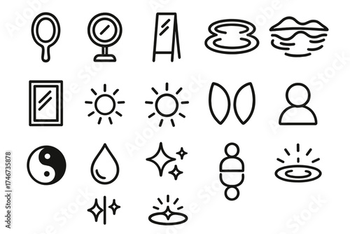 Reflective Mirror Symbols. Mirror symbols outline set. hand mirror, round mirror, standing mirror, pond reflection, lake reflection, glass pane, glowing reflection, radiant circle