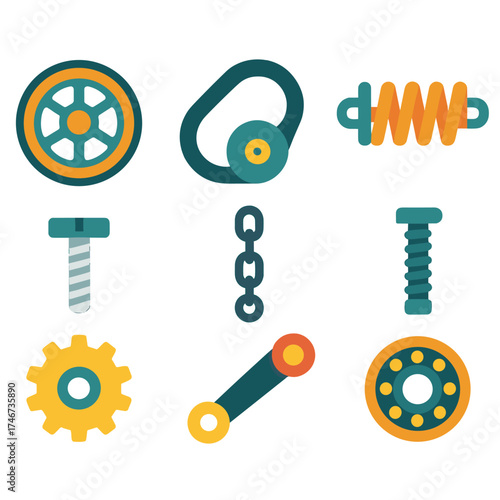 Minimal Tensioner Icons. Basic Tensioner flat icon set. pulley wheel, belt, chain, spring, adjusting screw, gear, lever, bearing.