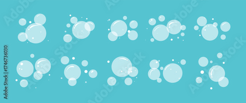 Soap water bubble icon, cartoon foam bath. Sea drop, carbonated air, wash laundry pattern. Shampoo suds, soda splash drink, oxygen effect. White fizzy ball on blue bg. Abstract vector illustration