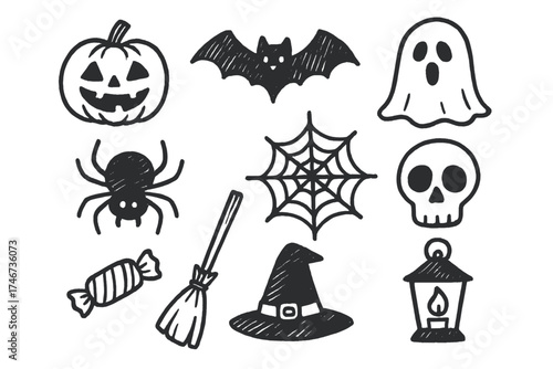 Halloween Doodle Icons. Halloween doodle icon set: hand drawn icons of pumpkin, bat, ghost, spider, skull, web, candy, broom,