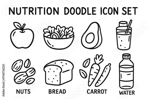 Healthy Food Icons. Nutrition doodle icon set: hand drawn icons of apple, salad bowl, avocado, smoothie, nuts, bread, yogurt,