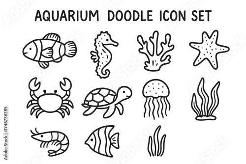Aquarium Doodle Icons. Aquarium doodle icon set: hand drawn icons of clownfish, seahorse, coral, starfish, crab, turtle, jellyfish