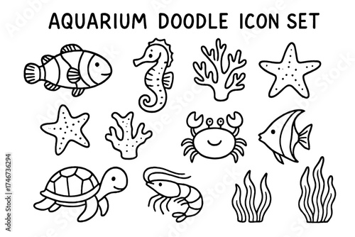 Aquarium Doodle Icons. Aquarium doodle icon set: hand drawn icons of clownfish, seahorse, coral, starfish, crab, turtle, jellyfish