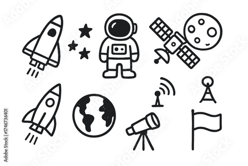 Space Doodles Collection. Spaceship doodle icon set: hand drawn icons of shuttle, astronaut, satellite, moon, stars, antenna,