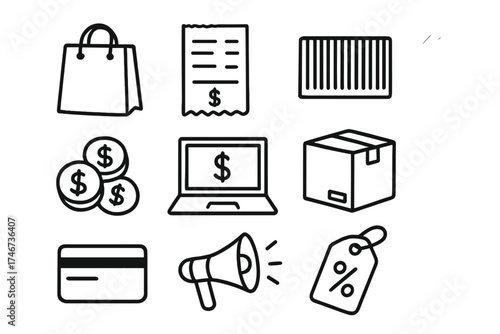 Sales Doodle Icons. Sales doodle icon set: hand drawn icons of bag, receipt, barcode, cash, coins, laptop, package, card,