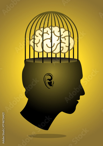 A person's head, where the top of the skull is replaced by an open birdcage