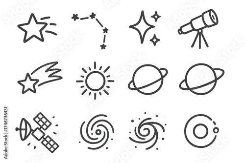 Star Doodle Icons. Stars doodle icon set: hand drawn icons of shooting star, constellation, sparkle, telescope, comet, sun, planet