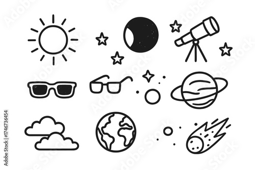 Eclipse Doodle Icons. Solar eclipse doodle icon set: hand drawn icons of sun, moon, telescope, glasses, stars, orbit, clouds,