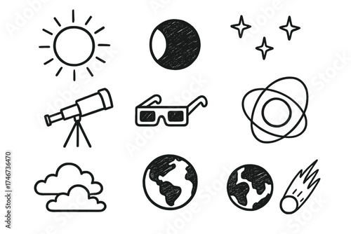 Eclipse Doodle Icons. Solar eclipse doodle icon set: hand drawn icons of sun, moon, telescope, glasses, stars, orbit, clouds,