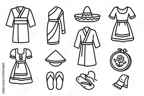 Traditional Attire Icons. Traditional clothing doodle icon set: hand drawn icons of kimono, sari, sombrero, poncho, dirndl, kilt,