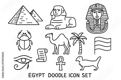 Egyptian Icon Doodles. Egypt doodle icon set: hand drawn icons of pyramids, sphinx, pharaoh mask, scarab, camel, palm tree, eye