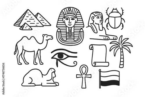 Egyptian Icon Doodles. Egypt doodle icon set: hand drawn icons of pyramids, sphinx, pharaoh mask, scarab, camel, palm tree, eye