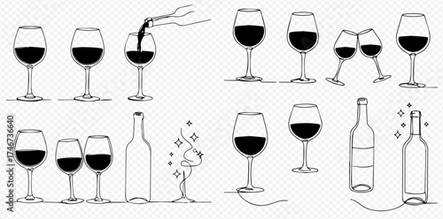 Illustration of wine glasses and bottles in various arrangements, sketched in black and white.