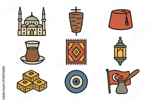 Turkey Icon Doodle Set. Turkey doodle icon set: hand drawn icons of mosque, kebab, fez hat, tea glass, rug, lantern, baklava, eye