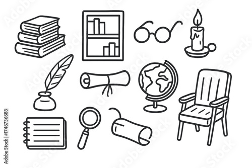 Library Icon Doodle. Library doodle icon set: hand drawn icons of book stack, shelf, glasses, candle, quill, scroll, globe,