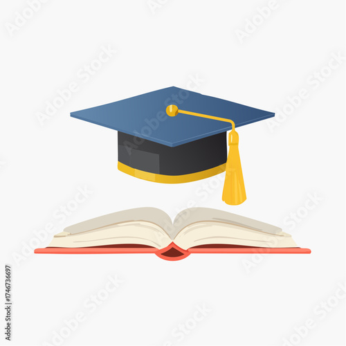 A blue graduation cap and tassel hovering above an open book, ready for learning.