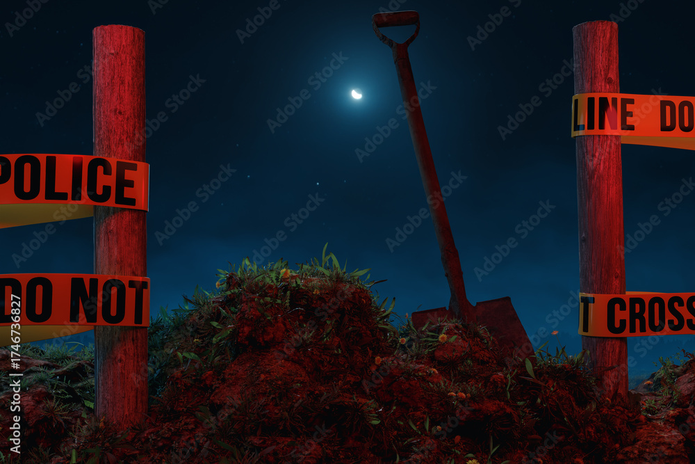 Obraz premium 3D rendering of a shovel between wooden posts with police line, stuck in a dug-up mound of earth at night