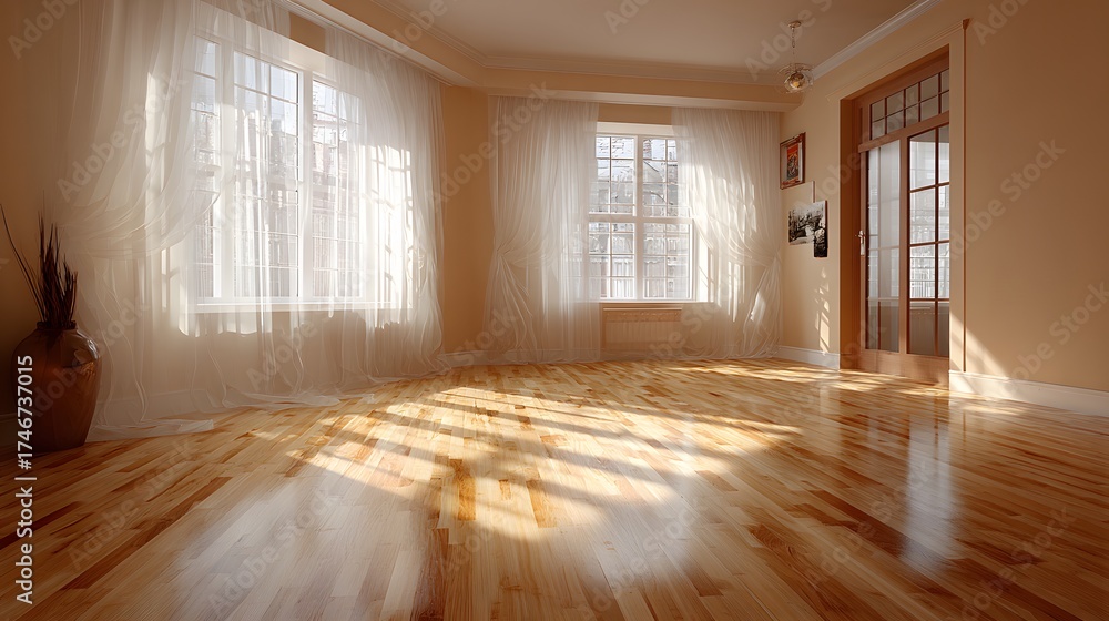 Obraz premium Empty, spacious room with light beige walls and a beautiful light oak floor. Soft, diffused light from a large window creates a calm, airy feel.