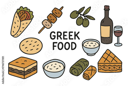 Greek Cuisine Icons. Greek food doodle icon set: hand drawn icons of gyro, souvlaki, olives, feta cheese, pita bread, tzatziki,