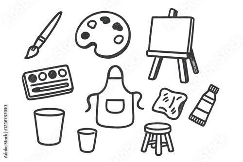 Art Tools Doodle Set. Painting doodle icon set: hand drawn icons of brush, palette, canvas, easel, paints, apron, cup, rag, tube