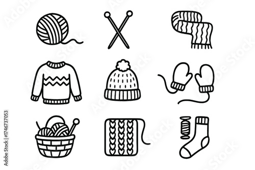 Knitting Icons Collection. Knitting doodle icon set: hand drawn icons of yarn ball, knitting needles, scarf, sweater, hat, mittens
