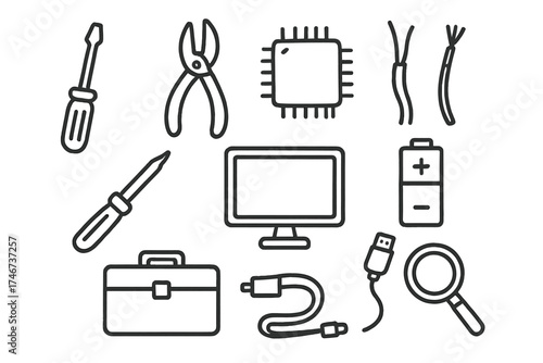 Tech Repair Tools. Tech repair doodle icon set: hand drawn icons of screwdriver, pliers, chip, wires, soldering iron, screen,