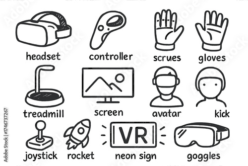 VR Doodle Icons. VR doodle icon set: hand drawn icons of headset, controller, gloves, treadmill, screen, avatar, joystick, rocket,