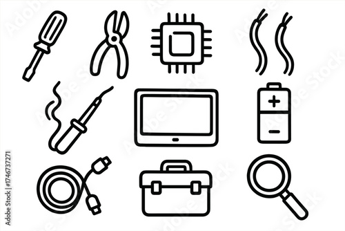 Tech Repair Tools. Tech repair doodle icon set: hand drawn icons of screwdriver, pliers, chip, wires, soldering iron, screen,