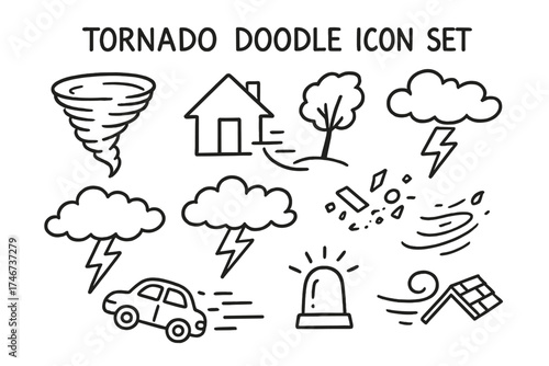 Tornado Doodle Icons. Tornado doodle icon set: hand drawn icons of funnel, house, tree, car, cloud, lightning, debris, siren, wind