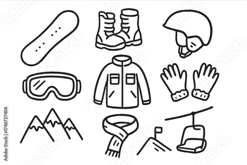 Snowboarding Icon Set. Snowboarding doodle icon set: hand drawn icons of board, boots, helmet, goggles, jacket, gloves, mountain,