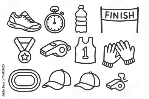 Running Gear Doodles. Running doodle icon set: hand drawn icons of sneakers, stopwatch, water bottle, finish line, medal, whistle,