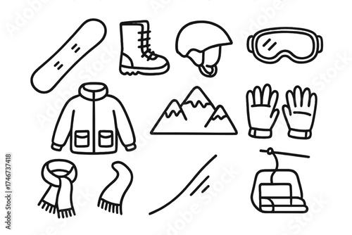 Snowboarding Icon Set. Snowboarding doodle icon set: hand drawn icons of board, boots, helmet, goggles, jacket, gloves, mountain,