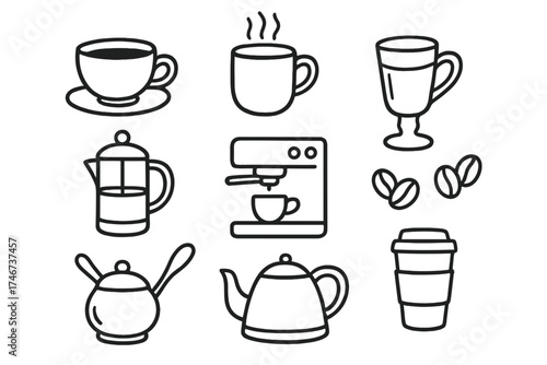 Coffee Doodle Icons. Coffee doodle icon set: hand drawn icons of cup, mug, latte glass, french press, espresso machine, beans,
