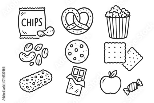 Snack Doodle Icons. Snacks doodle icon set: hand drawn icons of chips, pretzel, popcorn, nuts, cookie, cracker, granola bar,