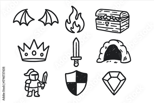 Dragon Doodle Icons. Dragon doodle icon set: hand drawn icons of wings, claws, fire, treasure, crown, sword, cave, knight, shield,