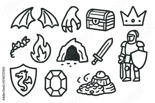 Dragon Doodle Icons. Dragon doodle icon set: hand drawn icons of wings, claws, fire, treasure, crown, sword, cave, knight, shield,
