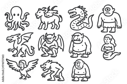 Legendary Beasts Doodle Set. Legendary beasts doodle icon set: hand drawn icons of kraken, chimera, leviathan, cyclops, wyvern,
