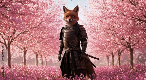 Warrior fox in armor stands amidst pink cherry blossom trees