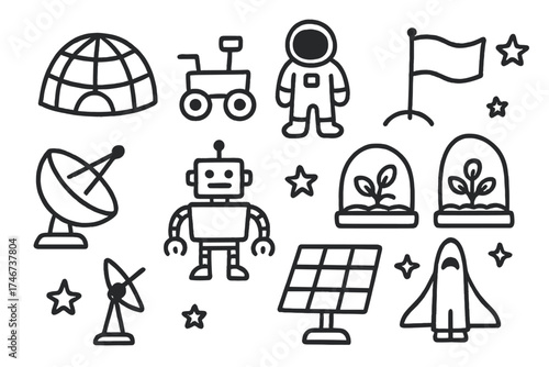 Space Colony Icons. Space colony doodle icon set: hand drawn icons of dome, rover, astronaut, greenhouse, flag, satellite dish,