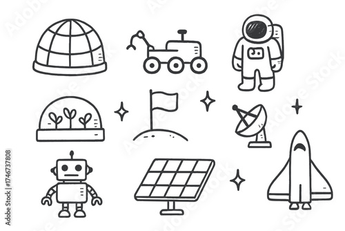 Space Colony Icons. Space colony doodle icon set: hand drawn icons of dome, rover, astronaut, greenhouse, flag, satellite dish,