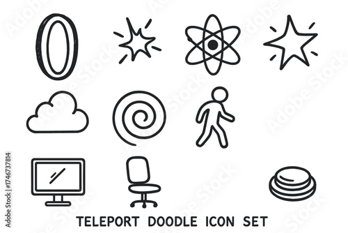 Teleport Doodle Icons. Teleport doodle icon set: hand drawn icons of portal, spark, atom, star, cloud, spiral, figure, screen,