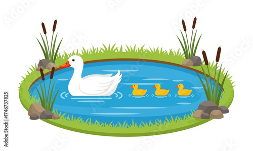A white mother duck leads her three yellow ducklings in a single file line across a serene pond surrounded by reeds and grass