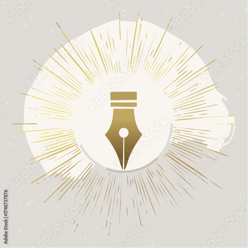 A golden fountain pen nib icon centered with radiating lines against a textured background.