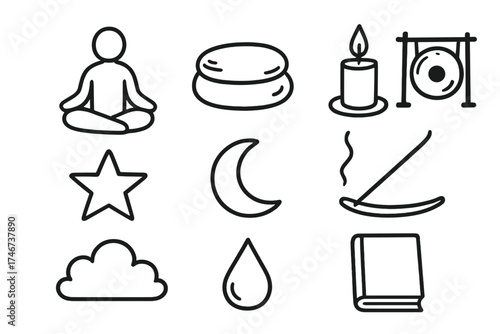 Meditation Doodle Set. Meditation doodle icon set: hand drawn icons of lotus pose, cushion, candle, incense, gong, star, moon,