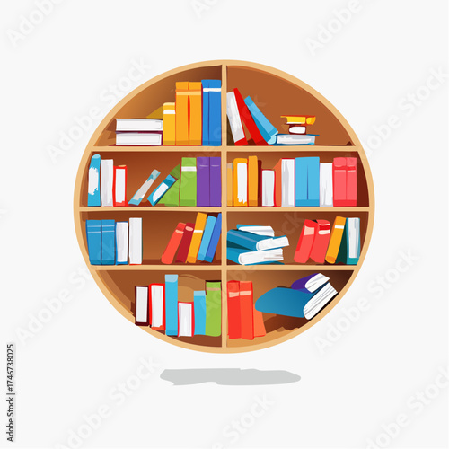 Round bookshelf filled with colorful books, arranged on shelves.