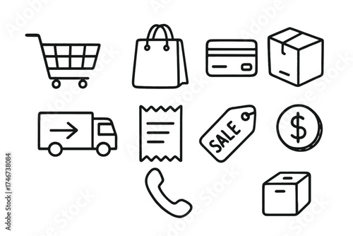 E-commerce Doodle Icons. Online shopping doodle icon set: hand drawn icons of cart, bag, credit card, box, delivery truck, receipt