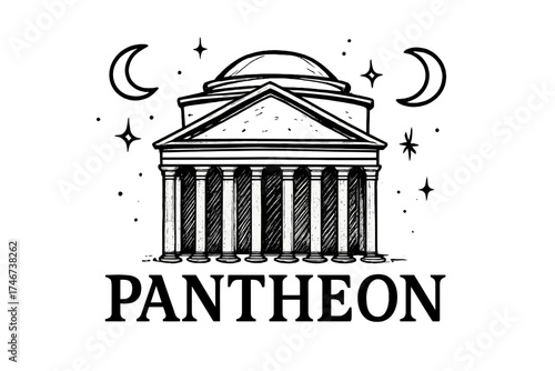Pantheon with Moons. Hand-drawn pantheon rome with moons, columns, and sparkles, center word “Pantheon” in black and white